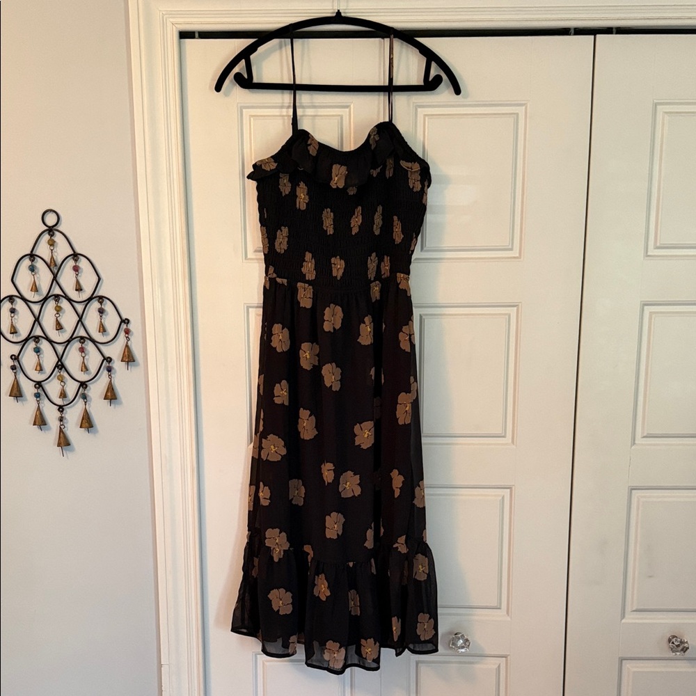 Black Floral Midi Dress with Ruffle Hem